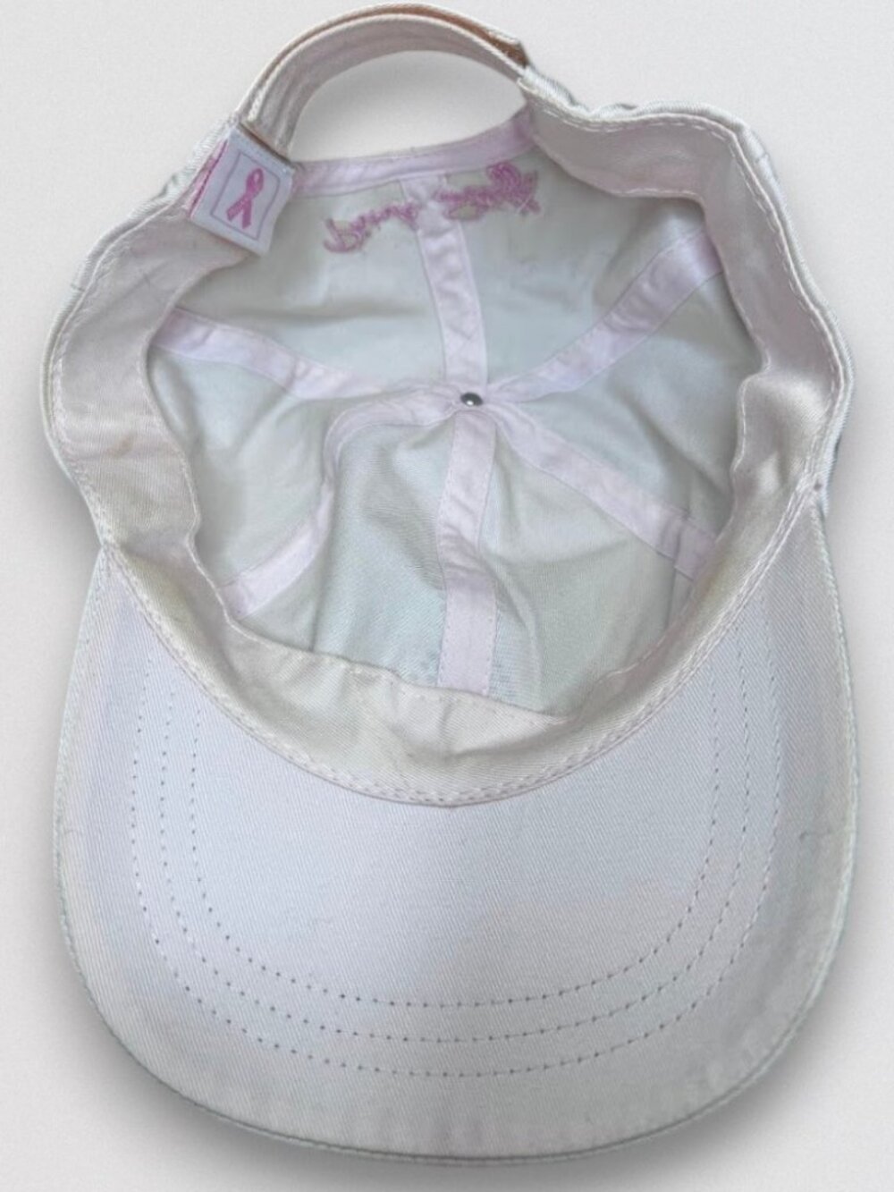 Pink Ribbon Breast Cancer Awareness White Adjustable Velcro Baseball Cap Hat - Picture 5 of 5